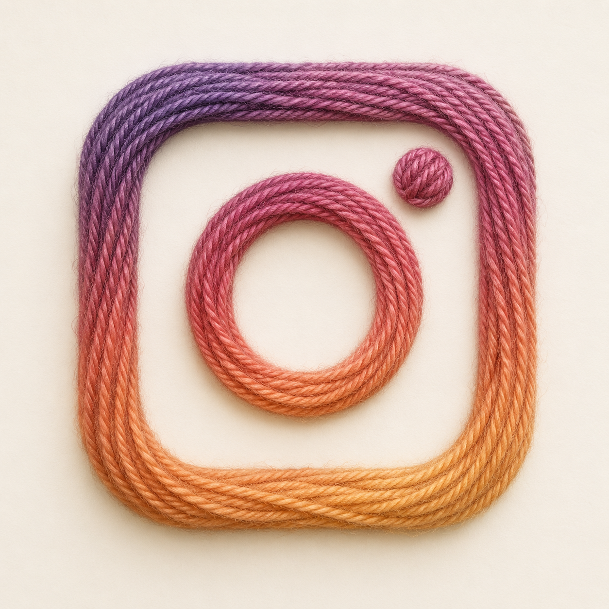 Colorful gradient yarn arranged to form the outline of a square, a circle, and a small sphere on a white background. Instagram logo.