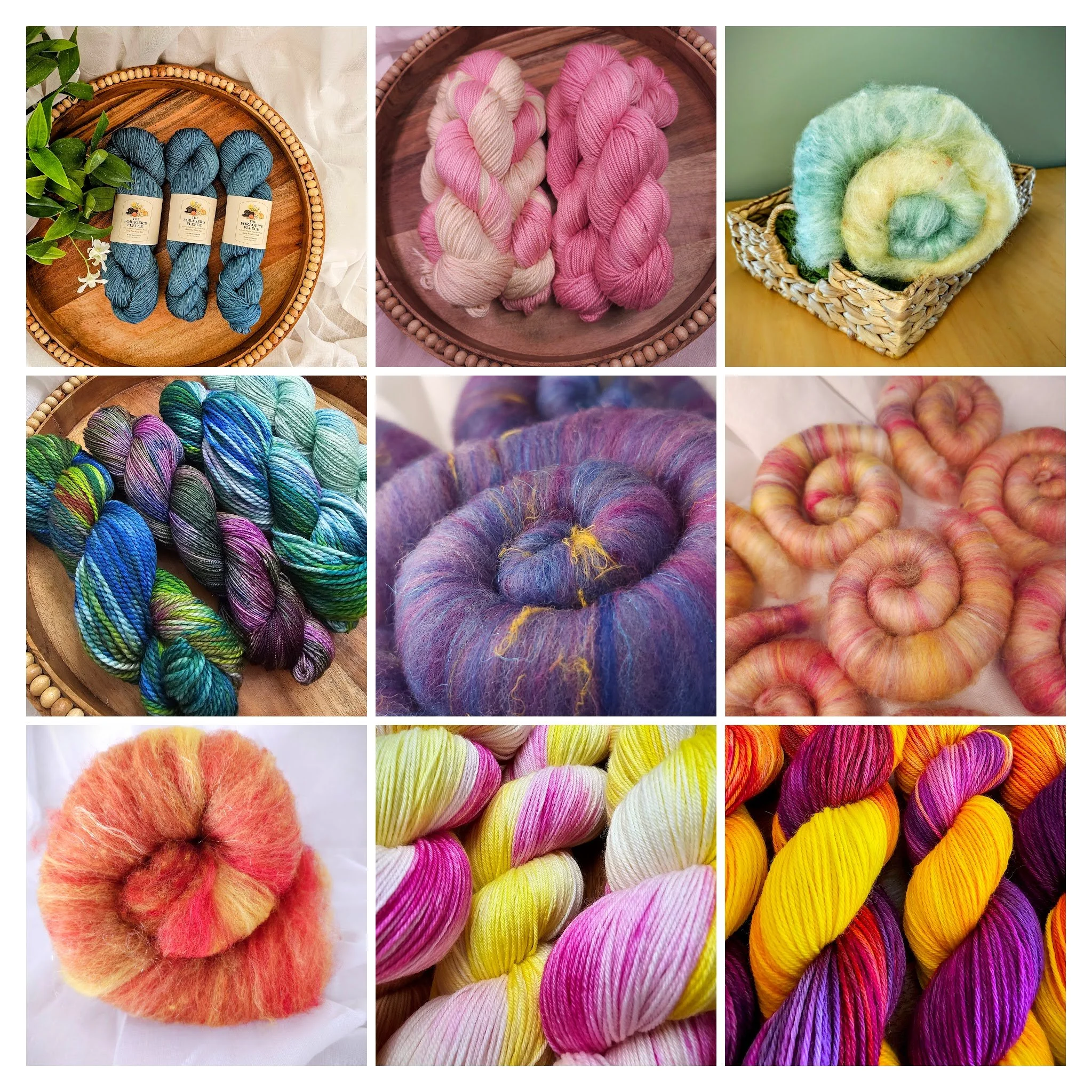 Collection of colorful yarn skeins including pink, yellow, purple, green, and blue, arranged in baskets and on surfaces, showcasing various textures and dye patterns.