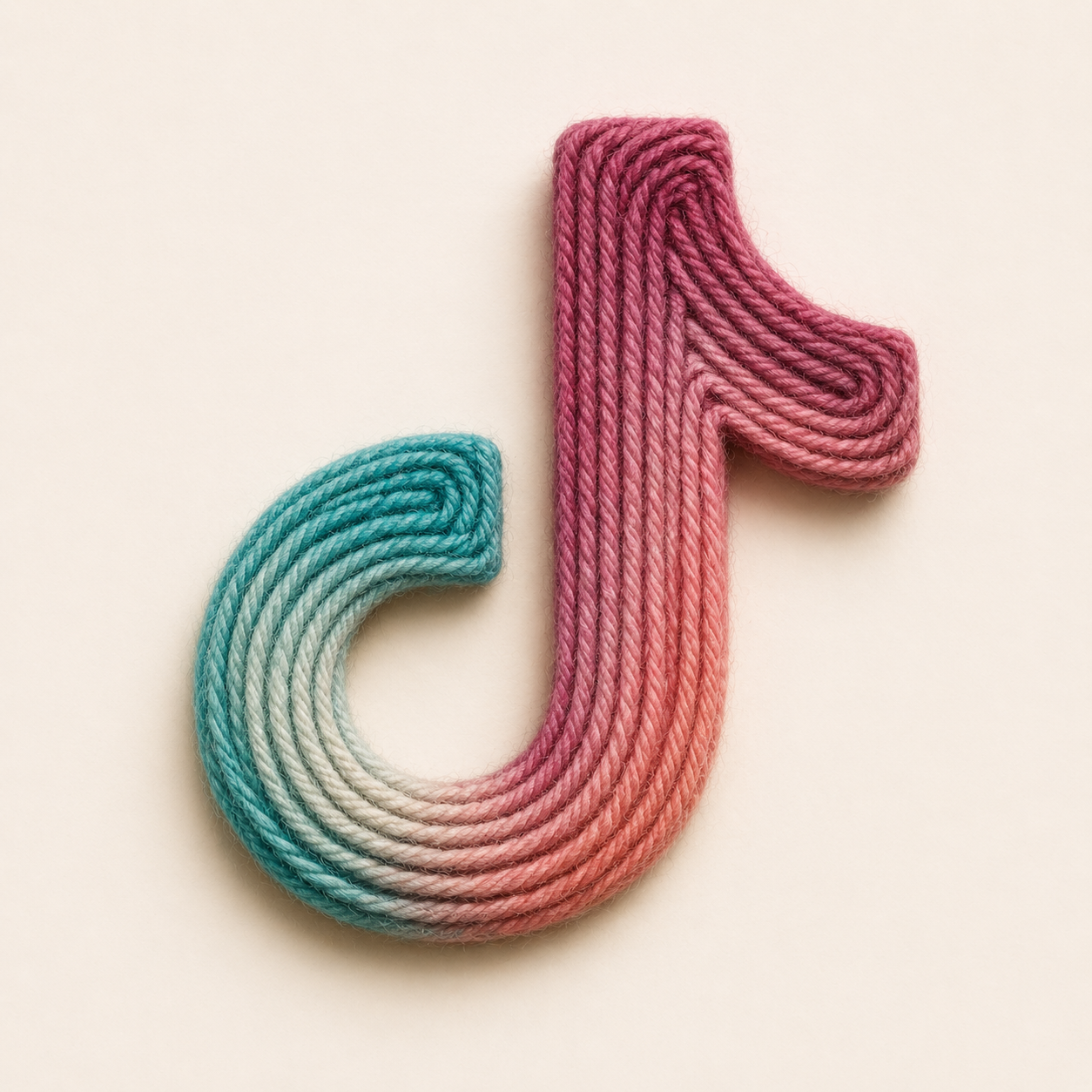 Artistic rendering of the TikTok logo made of colorful twisted yarn on a light background.