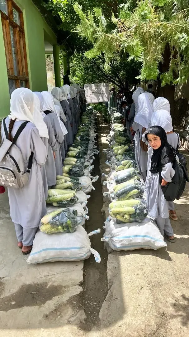 School children dressed in gray uniforms and white headscarves, standing in two lines with heads bowed, beside bags of vegetables placed on the ground.