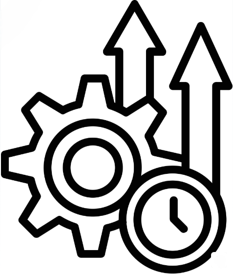 Outline of gears and clocks with upward arrows indicating growth or progress
