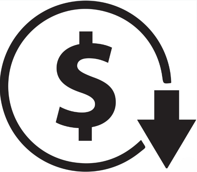 Black dollar sign inside a circle with a downward arrow indicating a decrease or decline in money or costs.