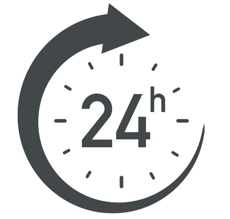 Graphic of a clock with the number 24 and 'h' indicating 24-hour service, encircled by an arrow.