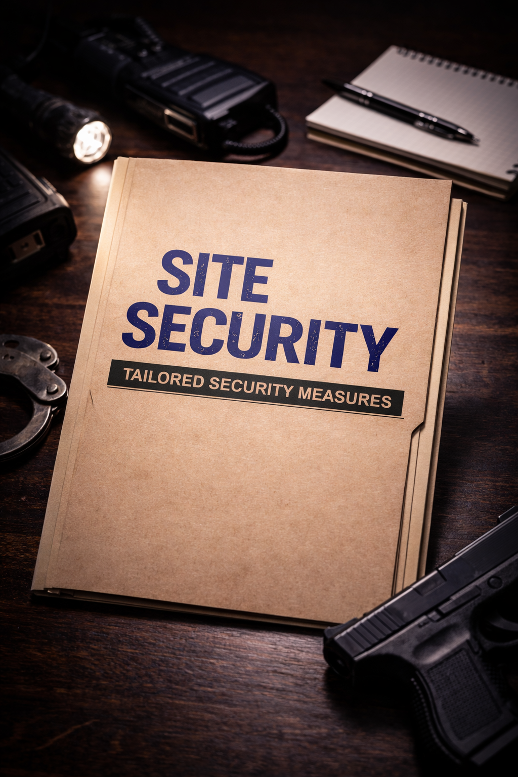 A folder titled 'Site Security' on a wooden desk surrounded by security equipment, notepads, pens, and a handgun.