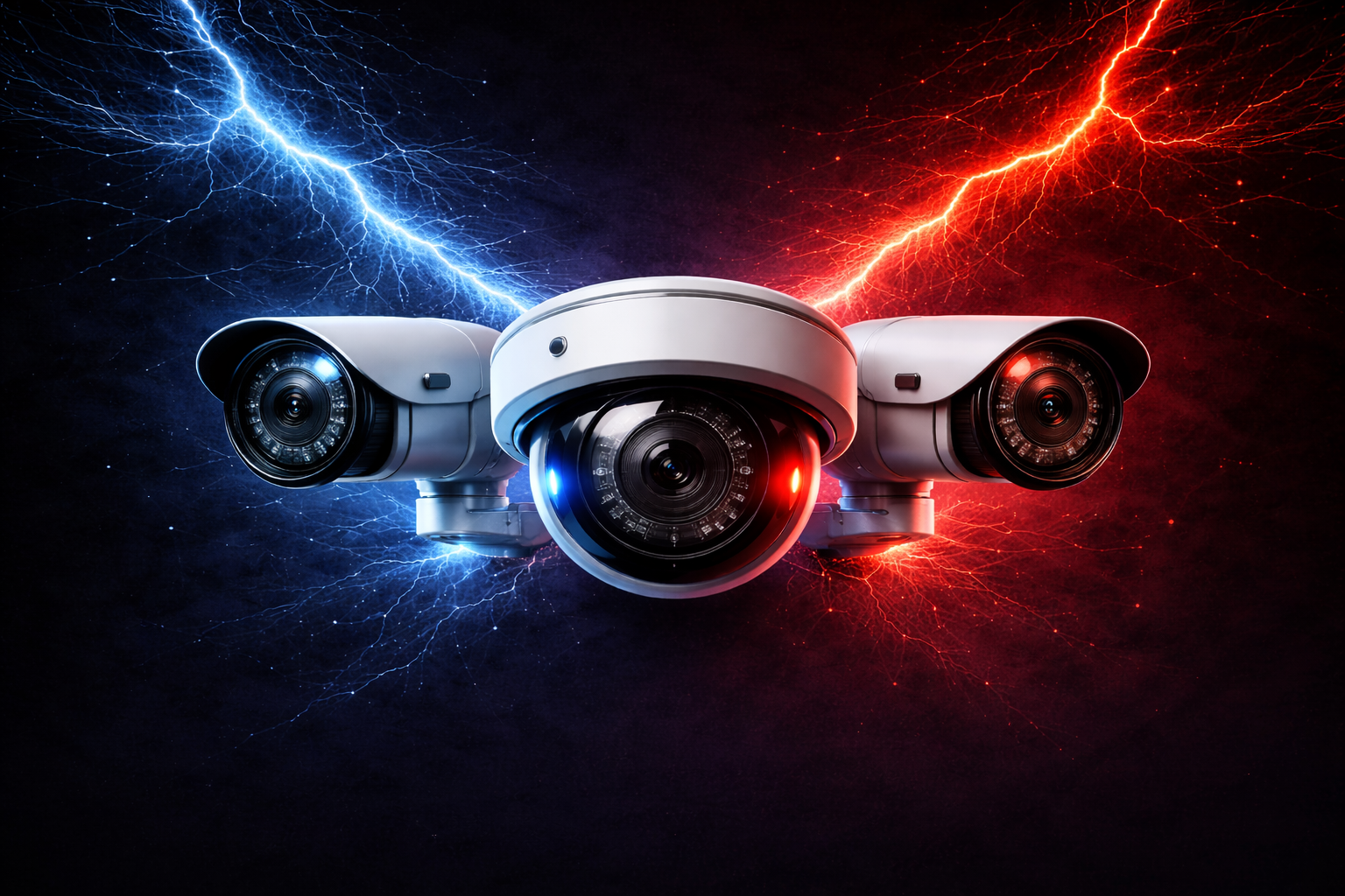 Three security cameras with lightning and electrical effects in the background, one illuminated with blue, one with red, and one with both colors.