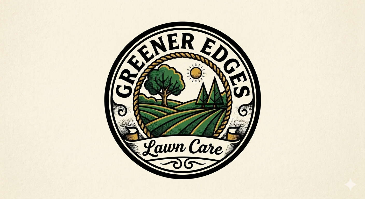 Logo for Greener Edges Lawn Care featuring a circular design with a tree, mountains, and the sun, with the text "Greener Edges Lawn Care"
