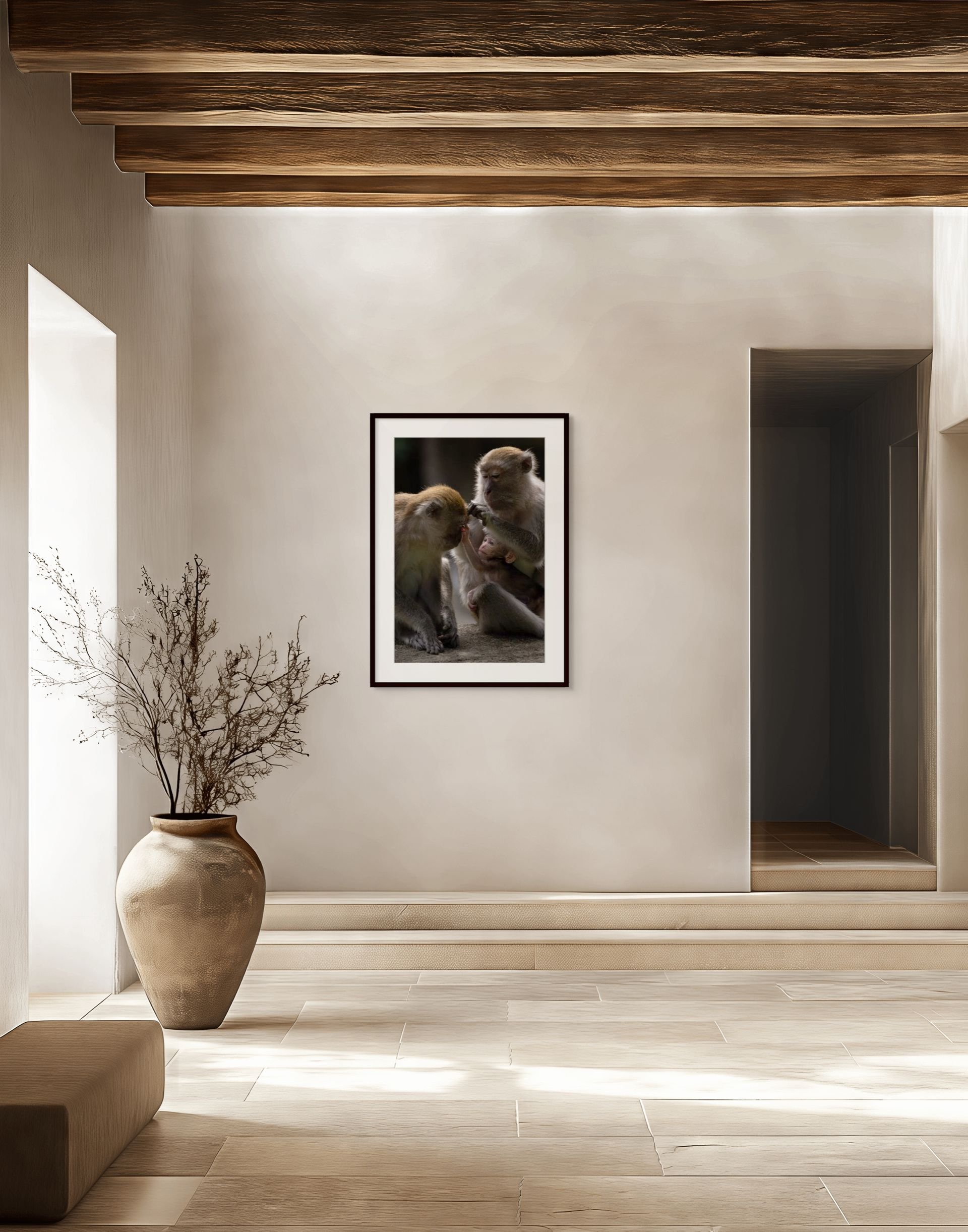 Fine art photo print of macaques in beige hallway