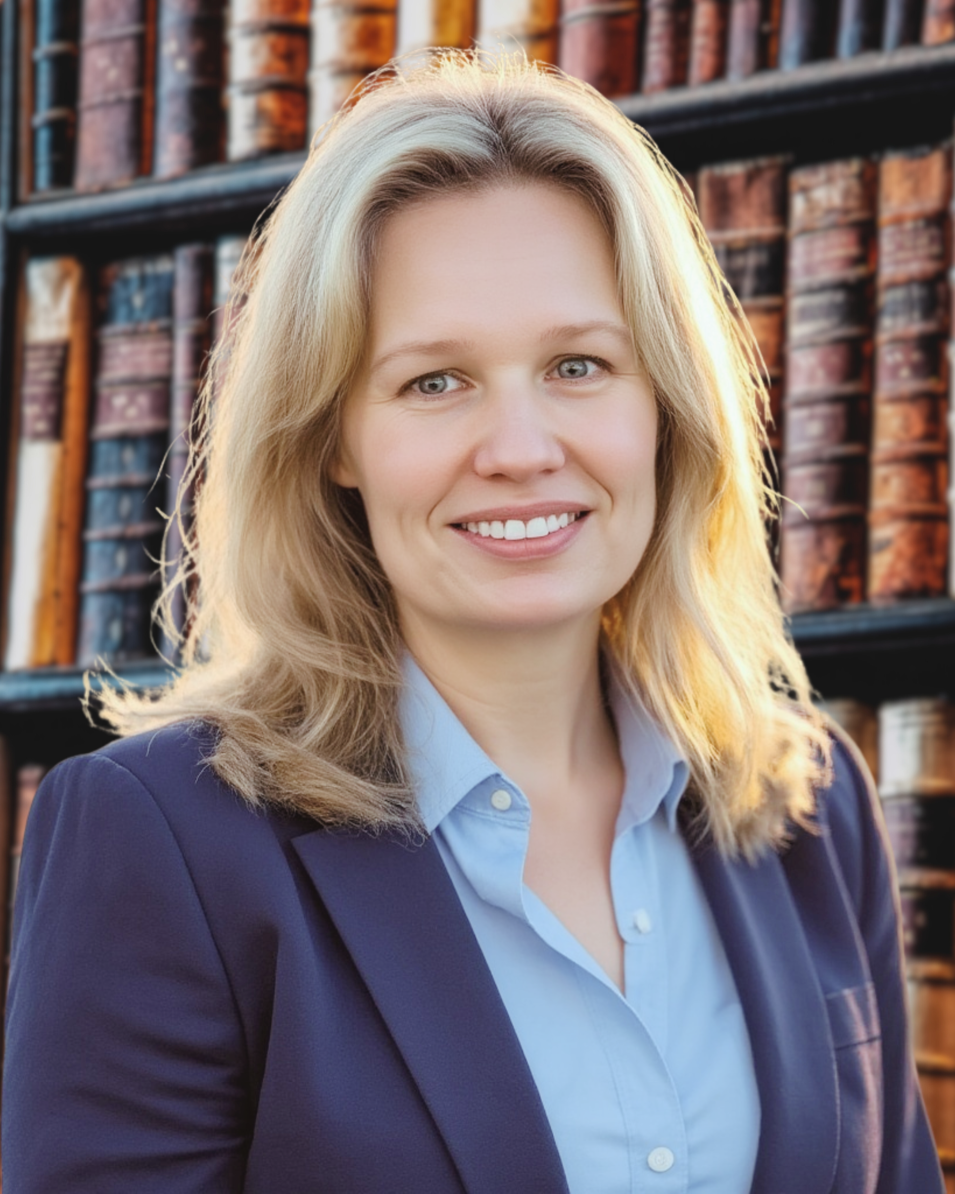 A woman with shoulder-length blonde hair, wearing a navy blazer and light blue shirt, standing in front of bookshelves filled with old, leather-bound books.