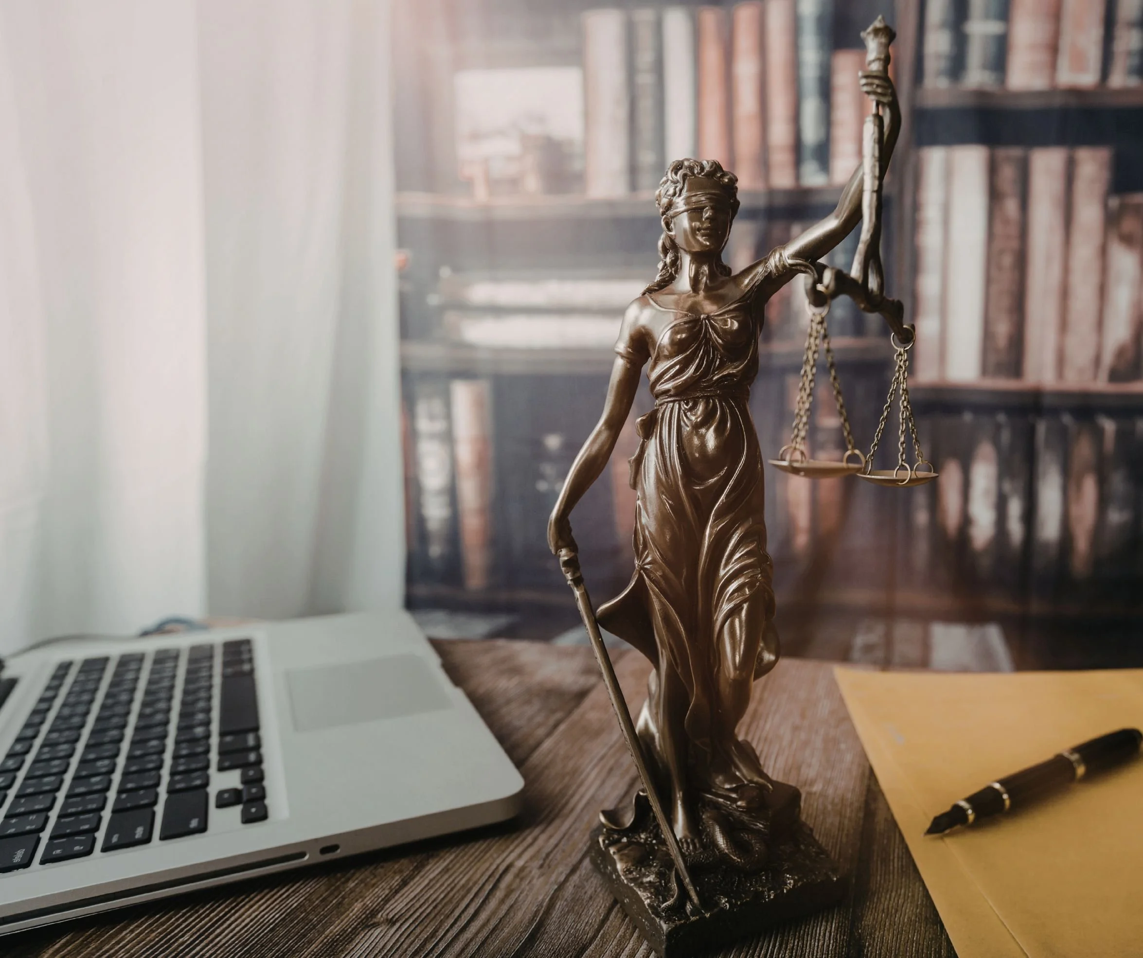 A bronze statue of Lady Justice holding scales in her left hand and a sword in her right hand, placed on a wooden desk next to a laptop, a yellow file folder, and a black pen, with a background of bookshelves.