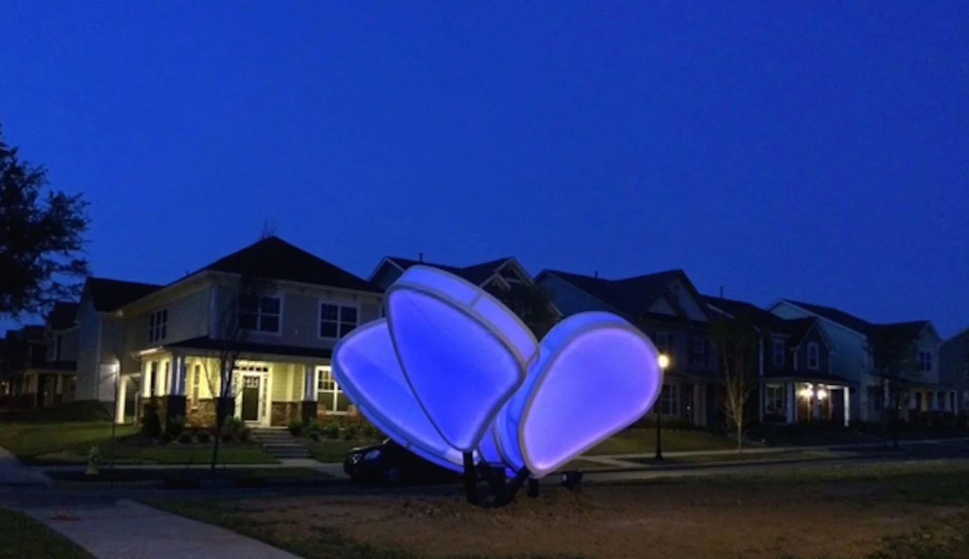 Love Motel for Insects: Saint Francis Satyr Variation. 2015. Brightwalk, Charlotte, NC. Outdoor light sculpture shaped after the endemic and endangered Saint Francis Satyr butterfly (Neonympha mitchellii francisci) of North Carolina. Black Ultra-viol
