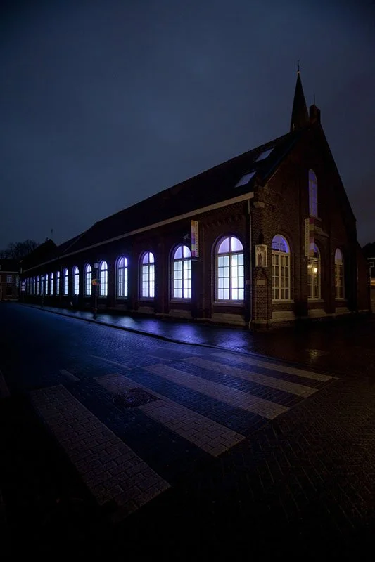 Love Motel for Insects: Museum Het Domein Variation. Museum Het Domein, Sittard, The Netherlands, 2014. Ultra-violet lights installed in museum windows, filters, invited insects. Photograph by Bert Janssen.