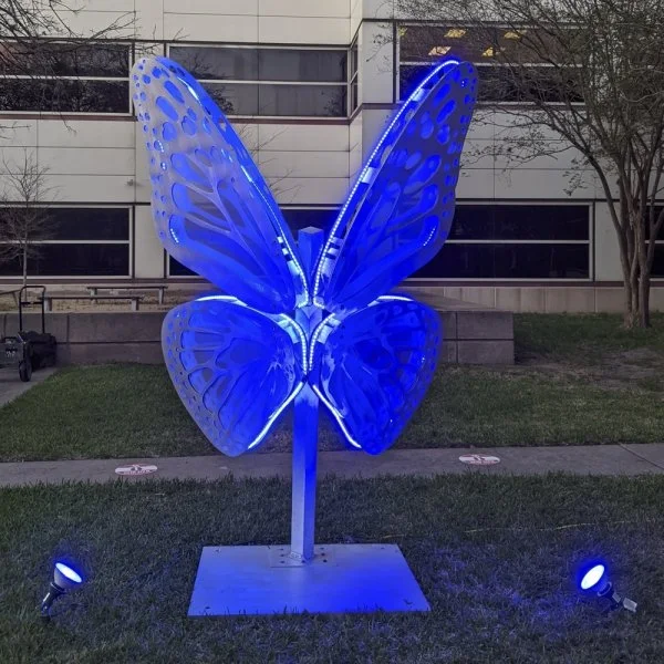 Love Motels for Insects: Monarch Variation. 2021. Cynthia Woods Mitchell Center, University of Houston, Houston TX. Outdoor light sculpture shaped after a Monarch butterfly. Aluminum. stainless still mesh, UV LED lights, invited insects. 8 x 6 x 4 fe