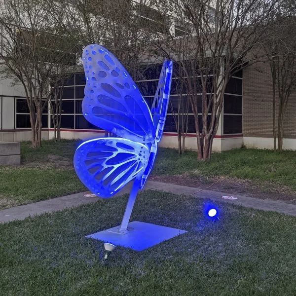 Love Motels for Insects: Monarch Variation. 2021. Cynthia Woods Mitchell Center, University of Houston, Houston TX. Outdoor light sculpture shaped after a Monarch butterfly. Aluminum. stainless still mesh, UV LED lights, invited insects. 8 x 6 x 4 fe