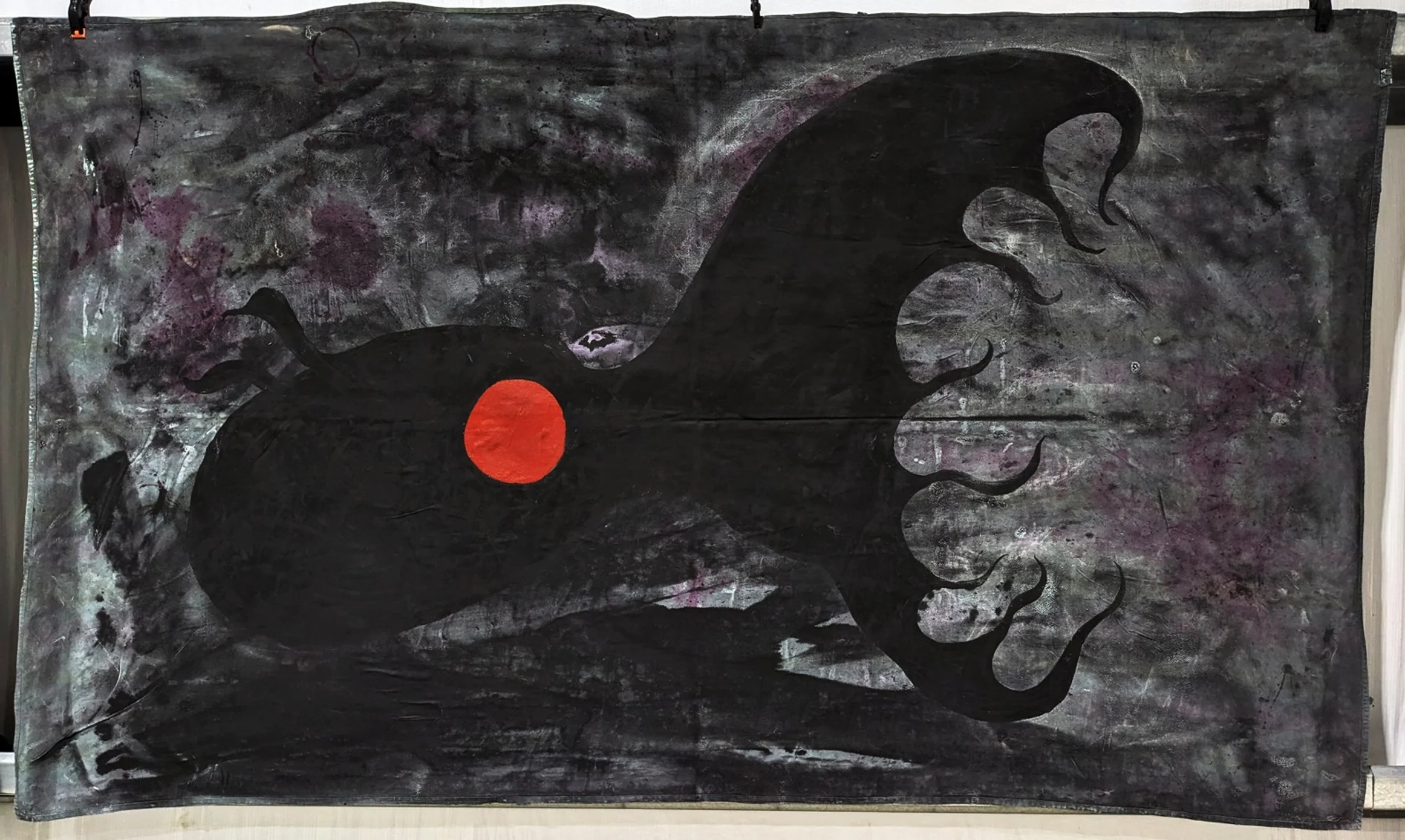 SOS Vampire Squid (Noir)
2023
56 by 93 inches 
Salvaged latex house on thrifted cotton bed sheets. Inspired by the Vampire Squid (Vampyroteuthis infernalis, dark phenotype) a deep ocean species put at risk from new deep water mining activities. 