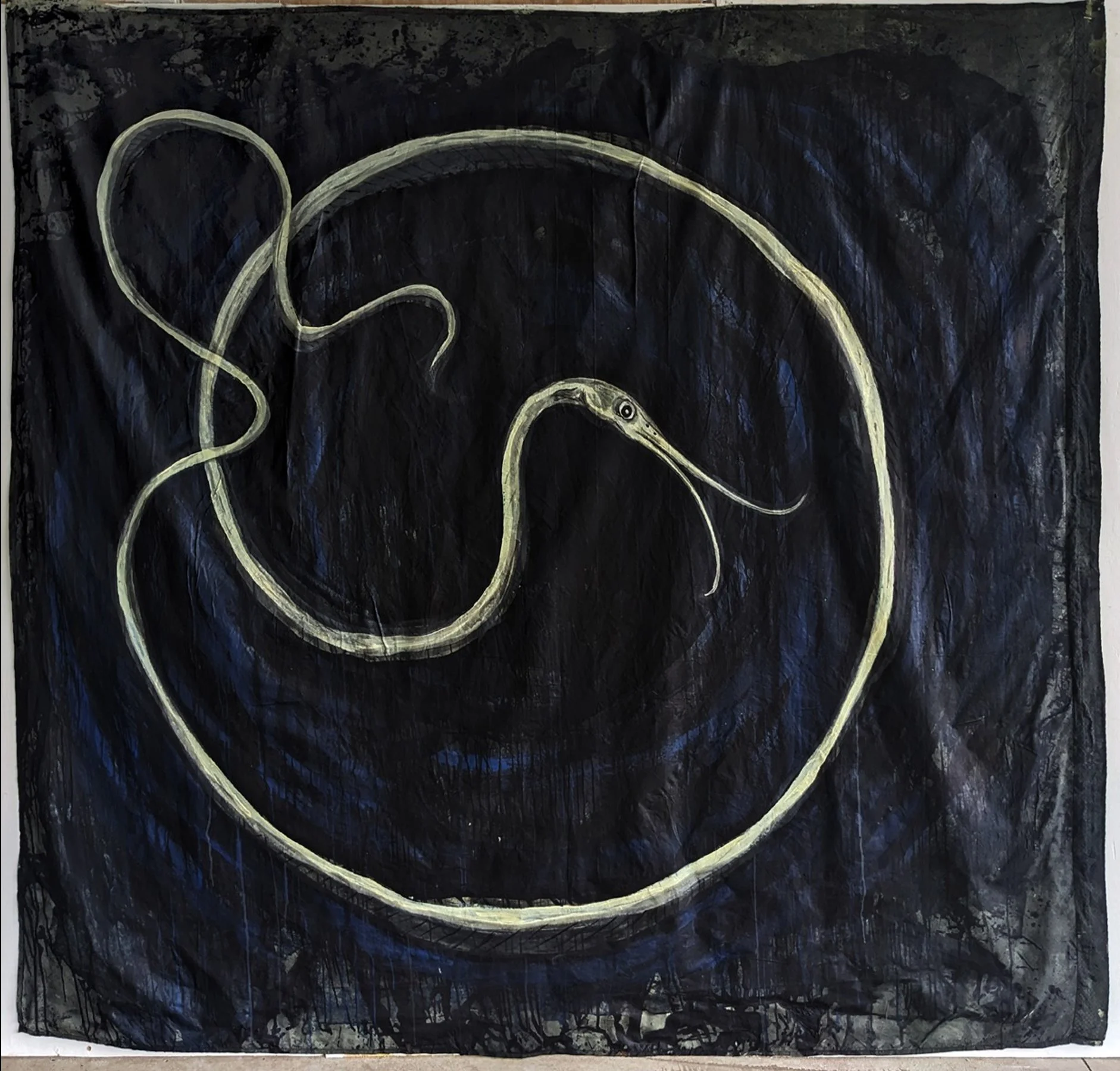SOS Slender Snipe Eel
2023
88 by 101 inches
Salvaged latex house on thrifted cotton bed sheets. 
Inspired by the Slender Snipe eel (Nemichthys scolopaceus) a deep ocean species put at risk from new deep water mining activities. 