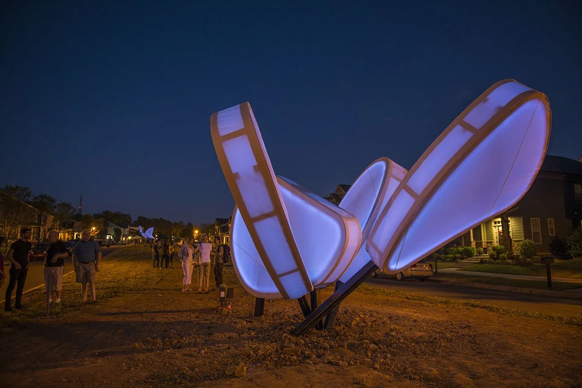 Love Motel for Insects: Saint Francis Satyr Variation. 2015. Brightwalk, Charlotte, NC. Outdoor light sculpture shaped after the endemic and endangered Saint Francis Satyr butterfly (Neonympha mitchellii francisci) of North Carolina. Black Ultra-viol