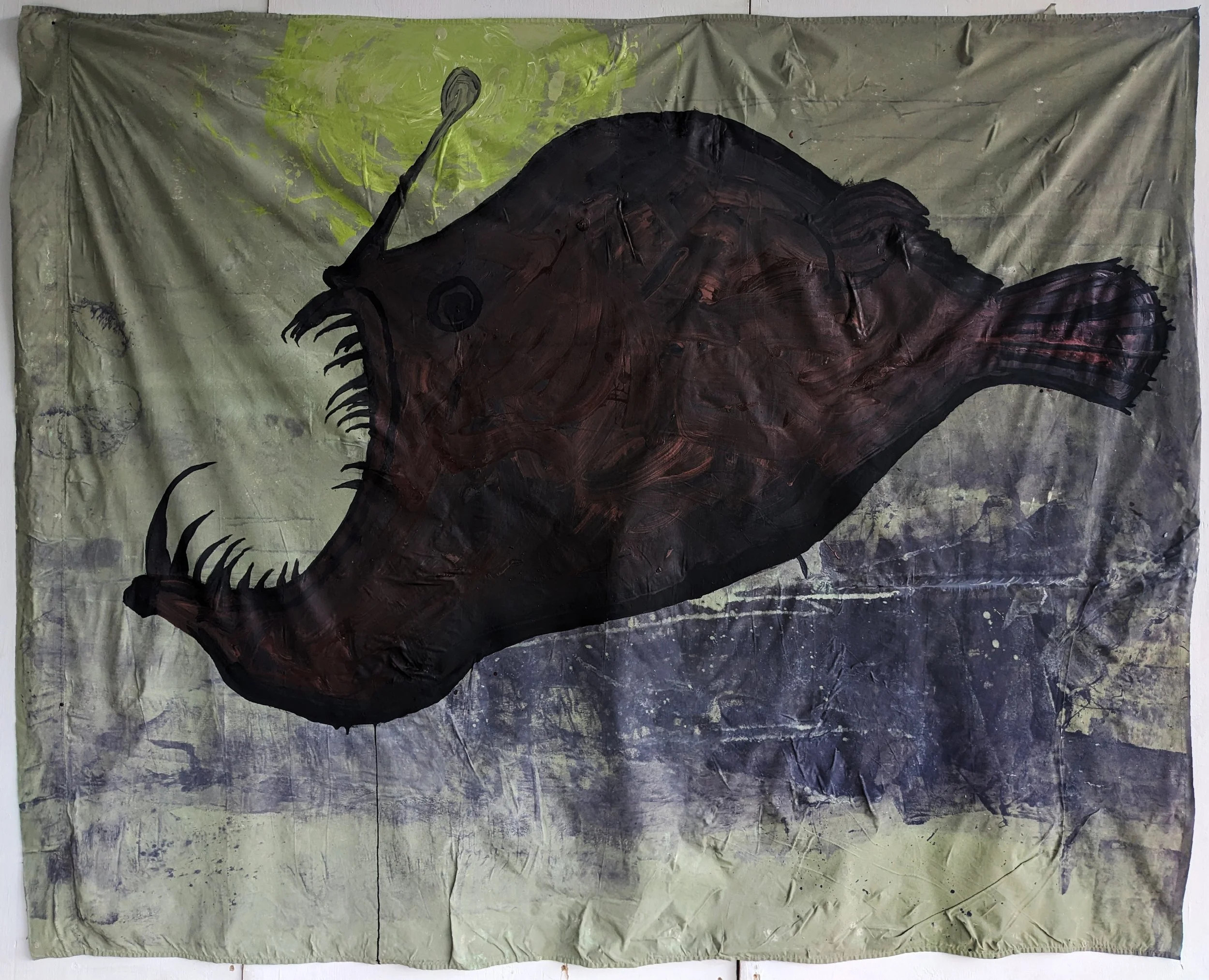 SOS Humpback Black Seadevil Anglerfish
2023
77 by 98 inches 
Salvaged latex house on thrifted cotton bed sheets. Inspired by the Humpback Black Seadevil anglerfish (Melanocetus johnsonii) a deep ocean species put at risk from new deep water mining ac