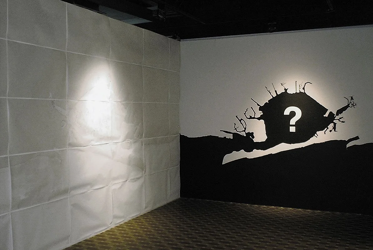 Water of Life/ Water of Death a Map of the Present and The Uncertain Future of Jamaica Bay. 2004. Right: ink drawing on wall. Left: ink and distilled Jamaica Bay water (containing salt, dioxin, petrochemicals, PCPs, and other contaminants) on recycle