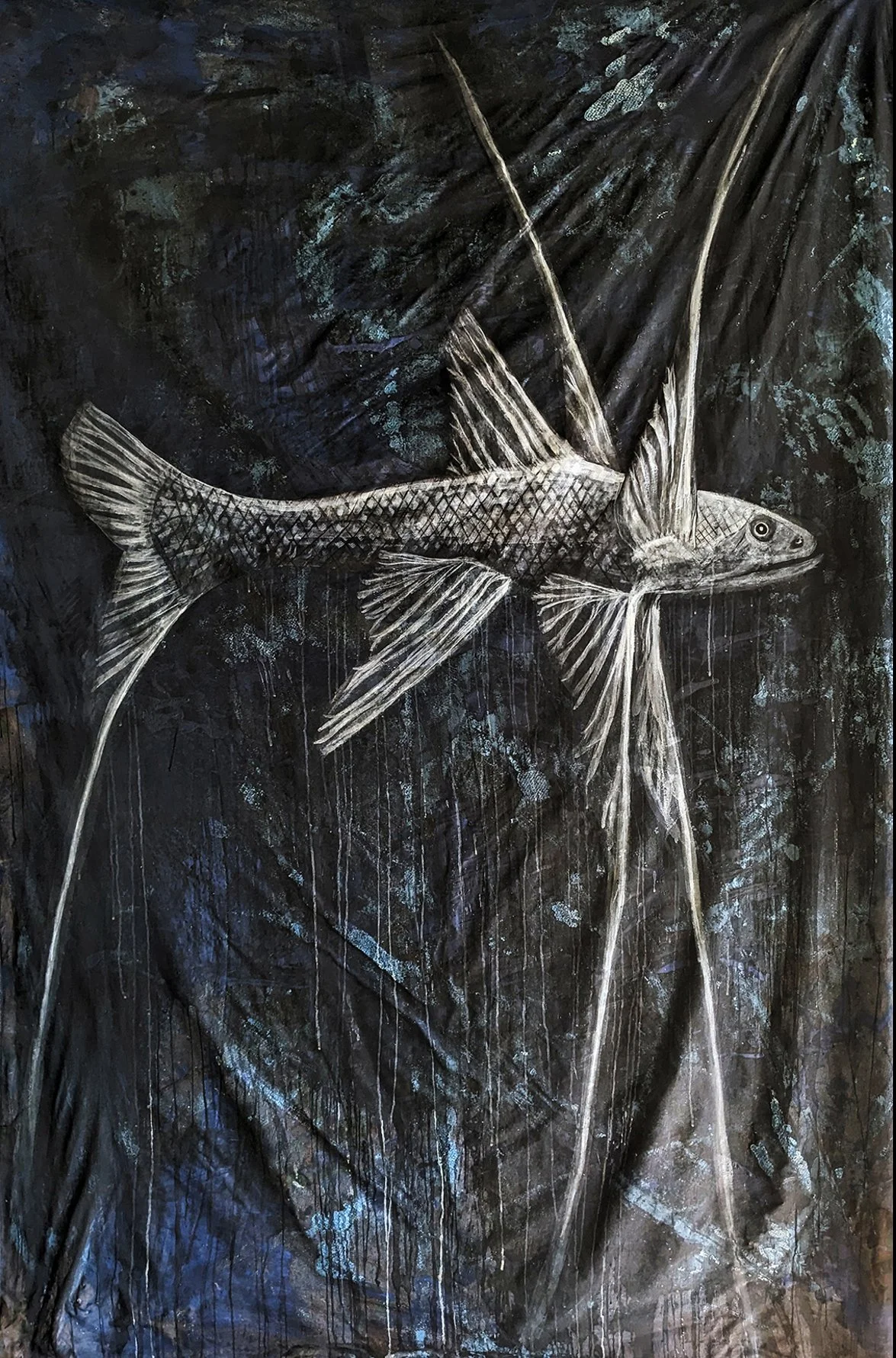 SOS Tripod Fish 
2023
96 by 70
Salvaged latex house on thrifted cotton bed sheets. Inspired by the Tripod fish (Bathypterois grallator) a deep ocean species put at risk from new deep water mining activities. 