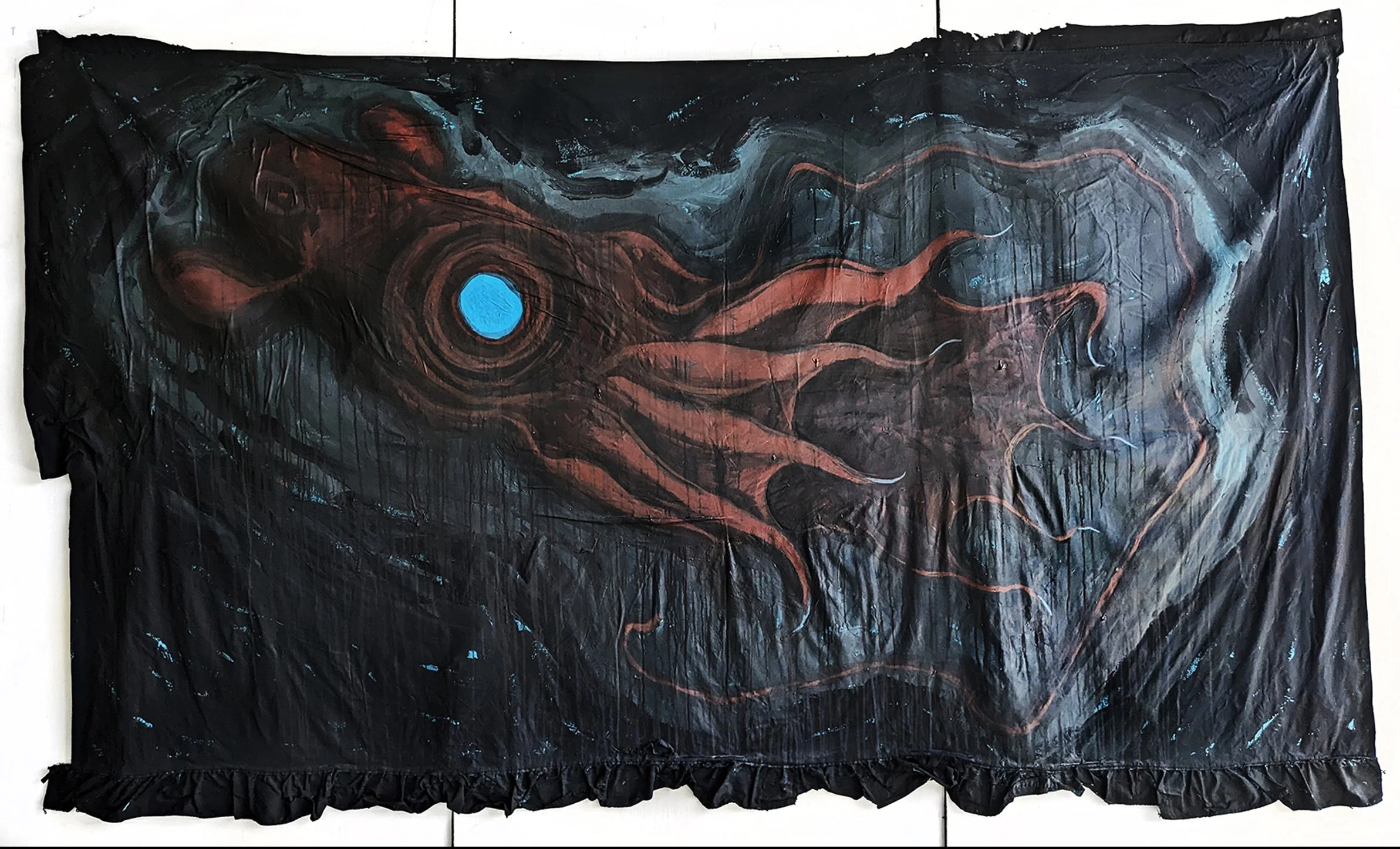 SOS Vampire Squid
2023
54 by 94 inches 
Salvaged latex house on thrifted cotton bed sheets. Inspired by the Vampire Squid (Vampyroteuthis infernalis) a deep ocean species put at risk from new deep water mining activities. 