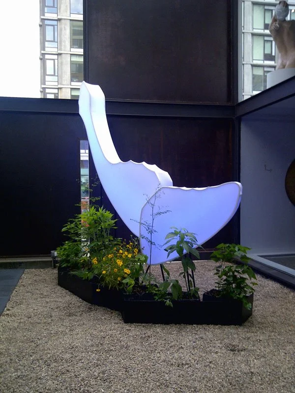 Love Motel for Insects: Actius Luna Variation. Jim Kempner Fine Art, New York, NY, USA. Summer 2012. Outdoor installation with: Black Ultra-violet lights, steel, fabric, native plants, invited insects. 11 x 8 x 4 feet.