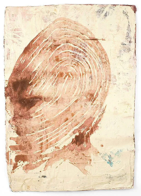 Alchimie de la Douleur 01. 2005- Ongoing. Individual drawing size approx H 60 inches x W 46 inches x D 75 inches. Series of 10 drawings based on the artist’s fingerprints.The artist’s blood, cadmium, dioxin, petrochemicals, mercury, lead, PCPs, and o