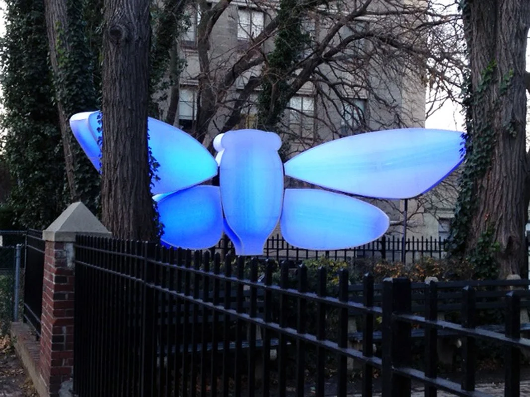 Love Motel for Insects: Magicicada Variation. Commissioned by the Staten Island Museum, Staten Island, NY, USA. Fall 2012. Outdoor installation and Eco-Actions (public field-trips) with: Black Ultra-violet lights, steel, fabric, native plants, invite