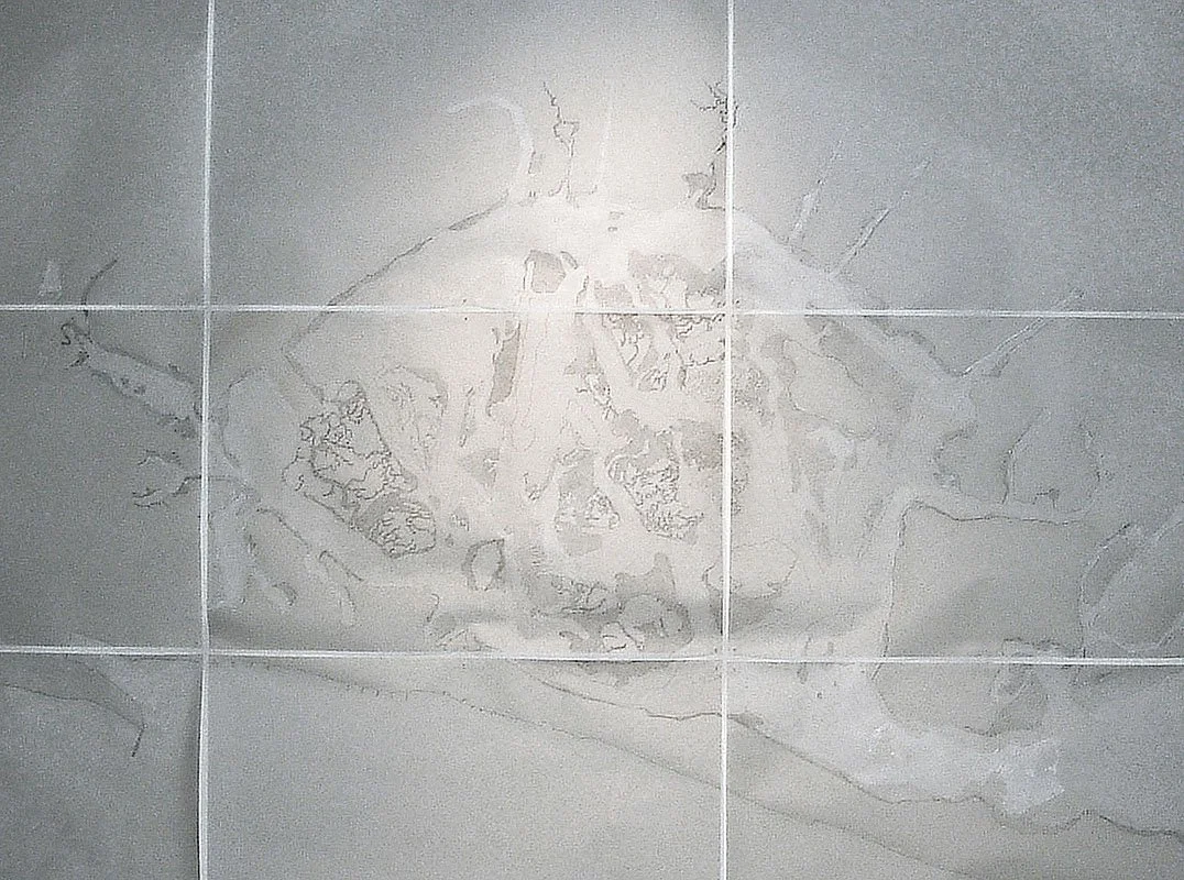 Water of Life/ Water of Death a Map of the Present and The Uncertain Future of Jamaica Bay. 2004. Right: ink drawing on wall. Left: ink and distilled Jamaica Bay water (containing salt, dioxin, petrochemicals, PCPs, and other contaminants) on recycle