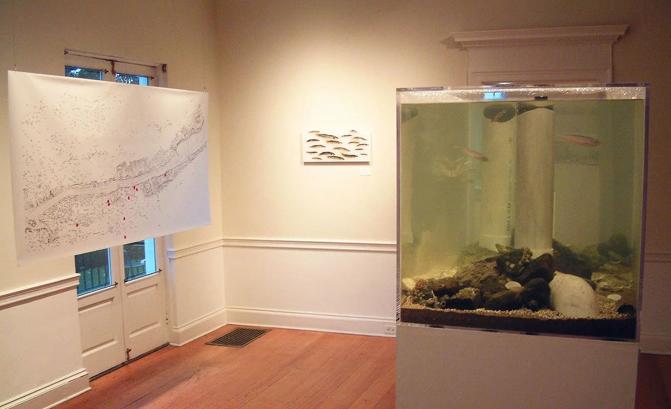 Room #2 with Marine Aquarium, Hudson River pollution maps and digital C-prints mounted on Plexiglas. Room size approximately 20 x 14 x 10 feet.