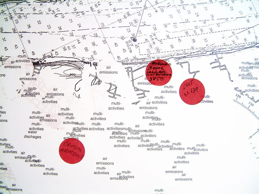 DETAIL of ‘Water Discharge’ site from Hudson River Pollution Map: Croton-on-Hudson to New York City. 2001-2003. Unique off-set print on velum.