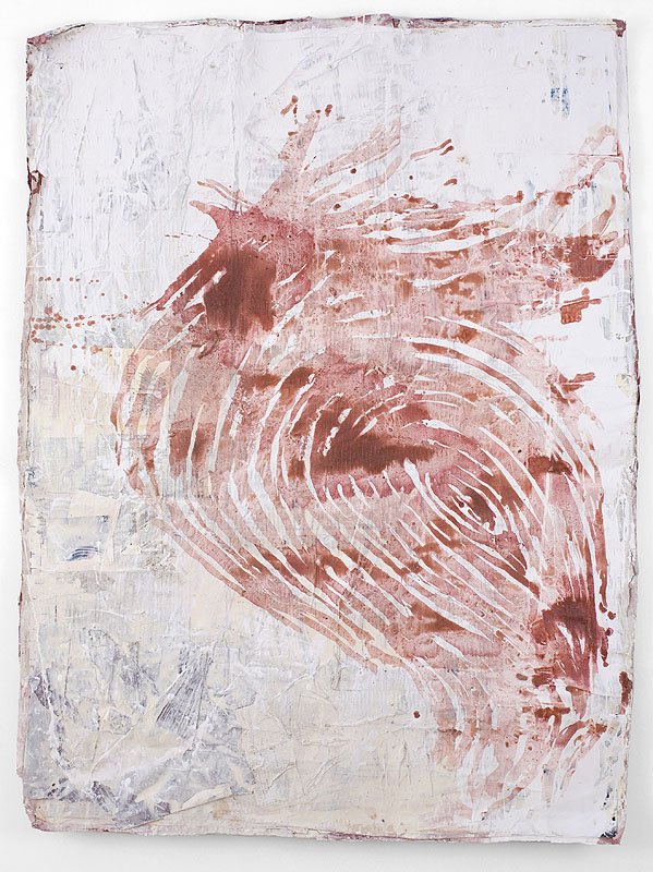 Alchimie de la Douleur 02. 2005- Ongoing. Individual drawing size approx H 60 inches x W 46 inches x D 75 inches. Series of 10 drawings based on the artist’s fingerprints.The artist’s blood, cadmium, dioxin, petrochemicals, mercury, lead, PCPs, and o