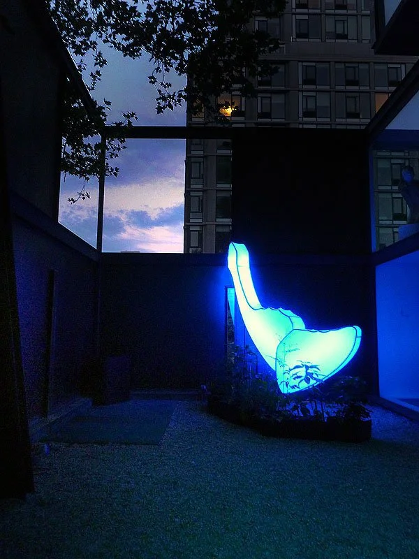 Love Motel for Insects: Actius Luna Variation. Jim Kempner Fine Art, New York, NY, USA. Summer 2012. Outdoor installation with: Black Ultra-violet lights, steel, fabric, native plants, invited insects. 11 x 8 x 4 feet.