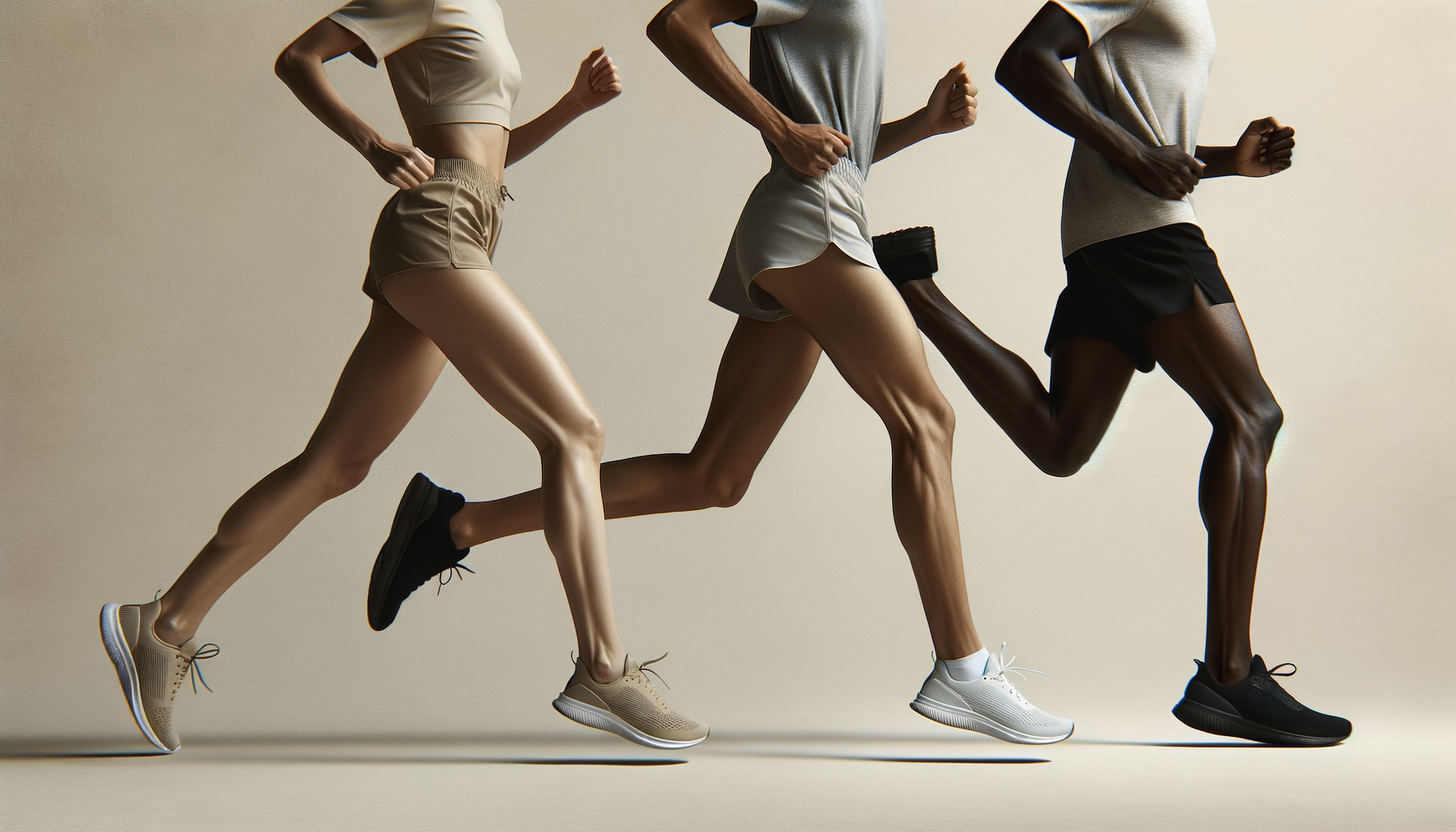 Three runners in athletic wear running in a line against a plain background.