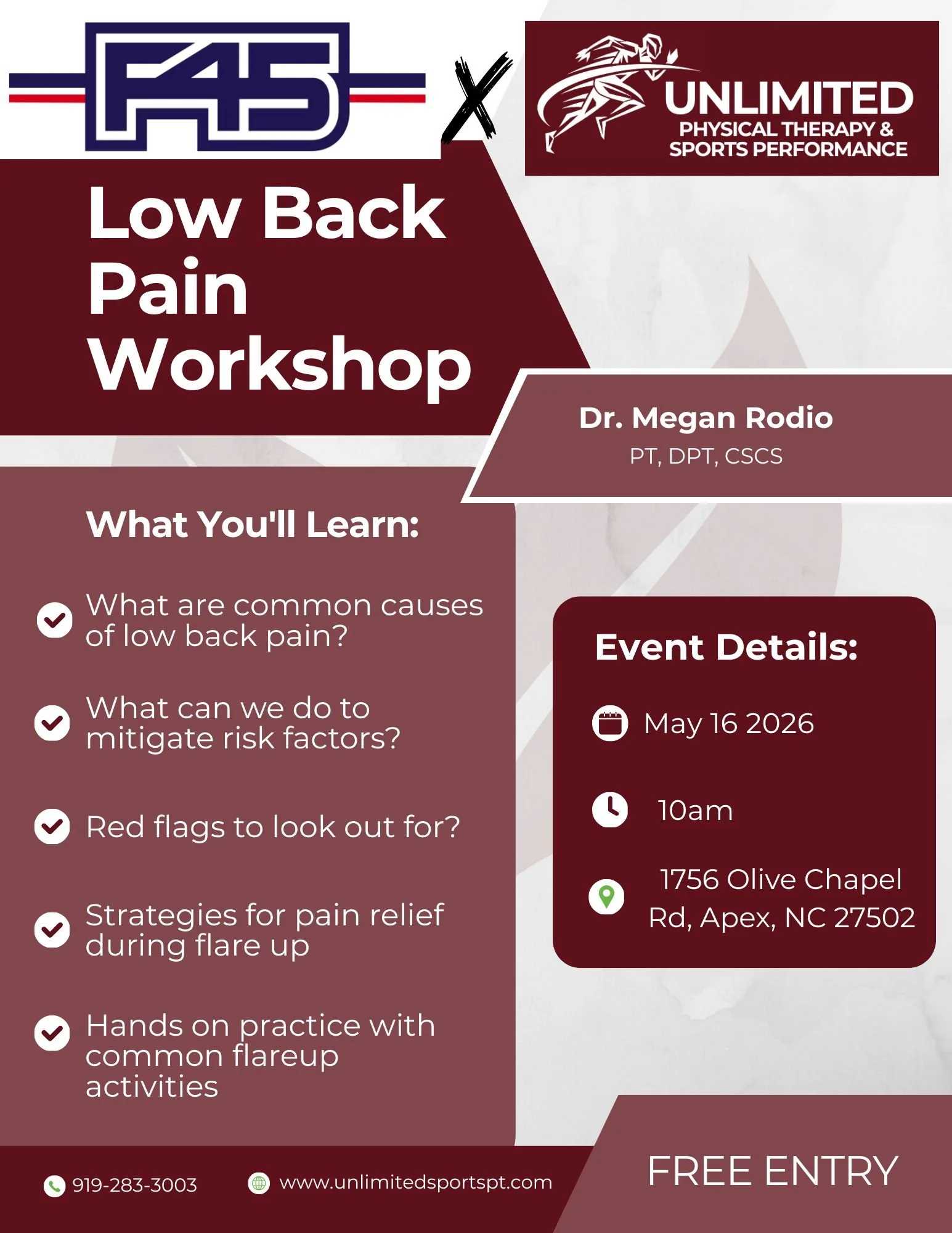 Flyer for a low back pain workshop organized by F45 and Unlimited Physical Therapy & Sports Performance. Features the workshop date as May 16, 2026, at 10 am, held at 1756 Olive Chapel Road, Apex, North Carolina. Contains a list of learning points and contact information, with a note of free entry.