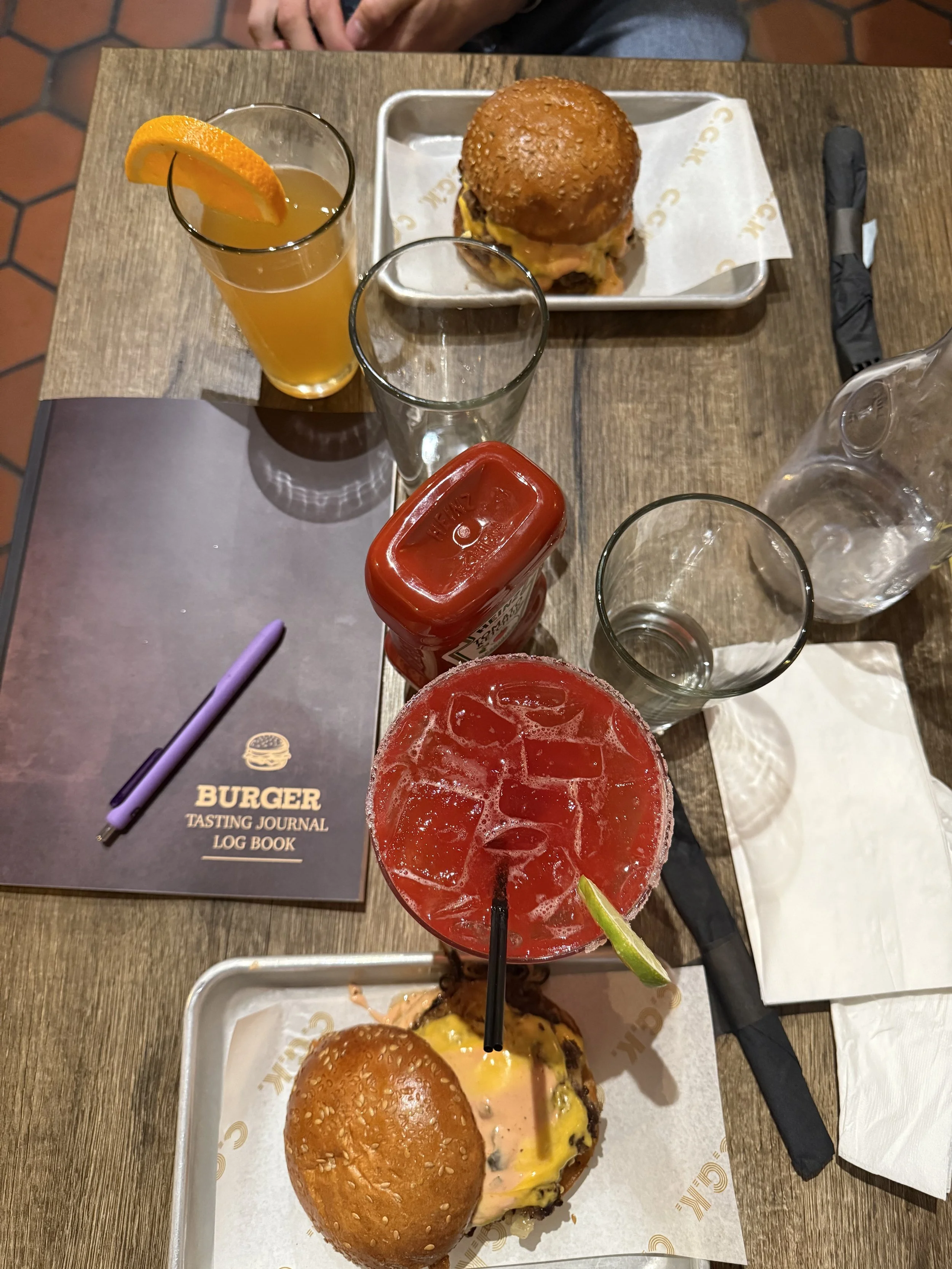 2 burgers and drinks