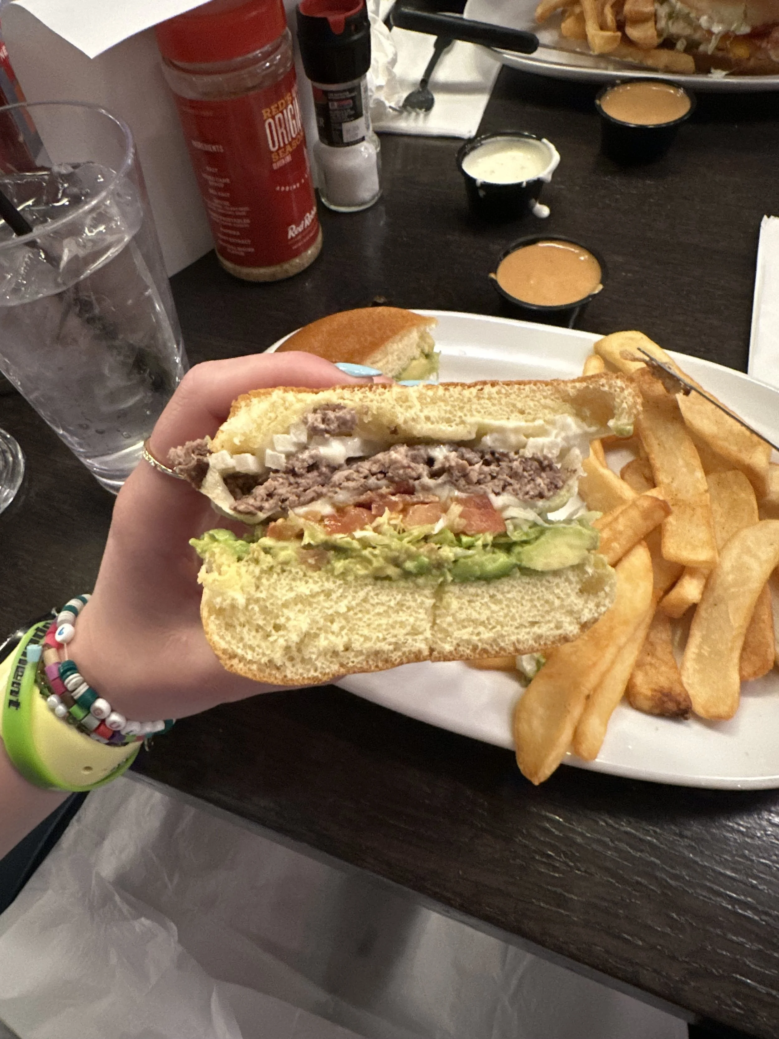 A close-up of half a burger