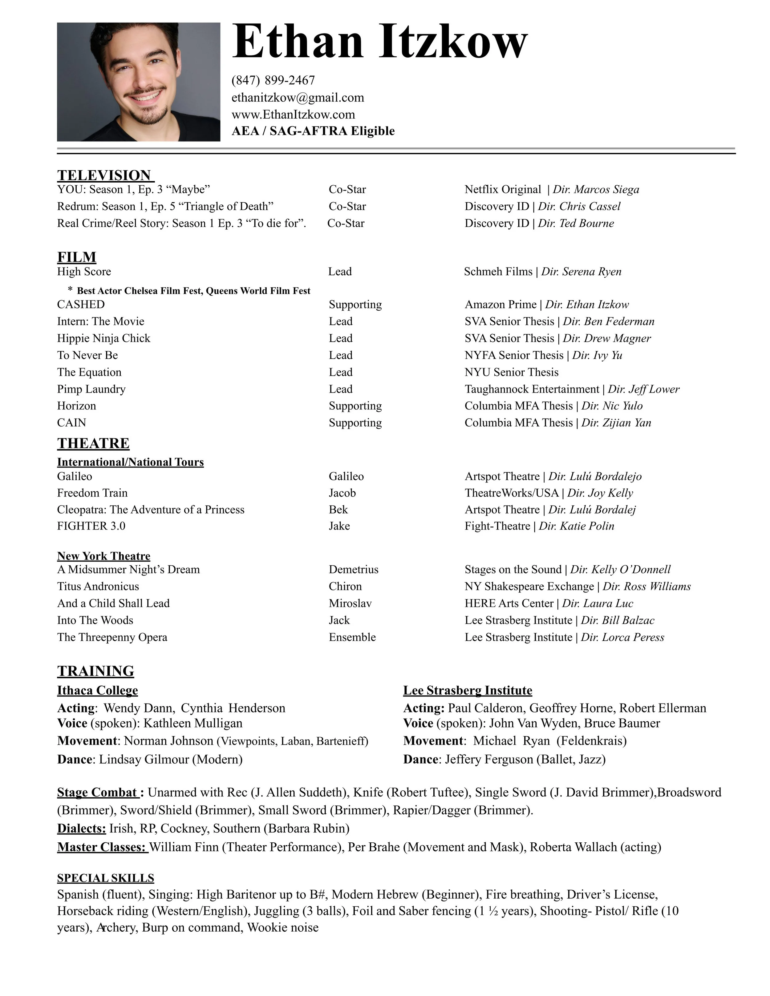 Resume of Ethan Itzkow featuring a headshot photo and contact information at the top, followed by sections detailing his work in television, film, theatre, training, and special skills, with roles, productions, and directors listed.
