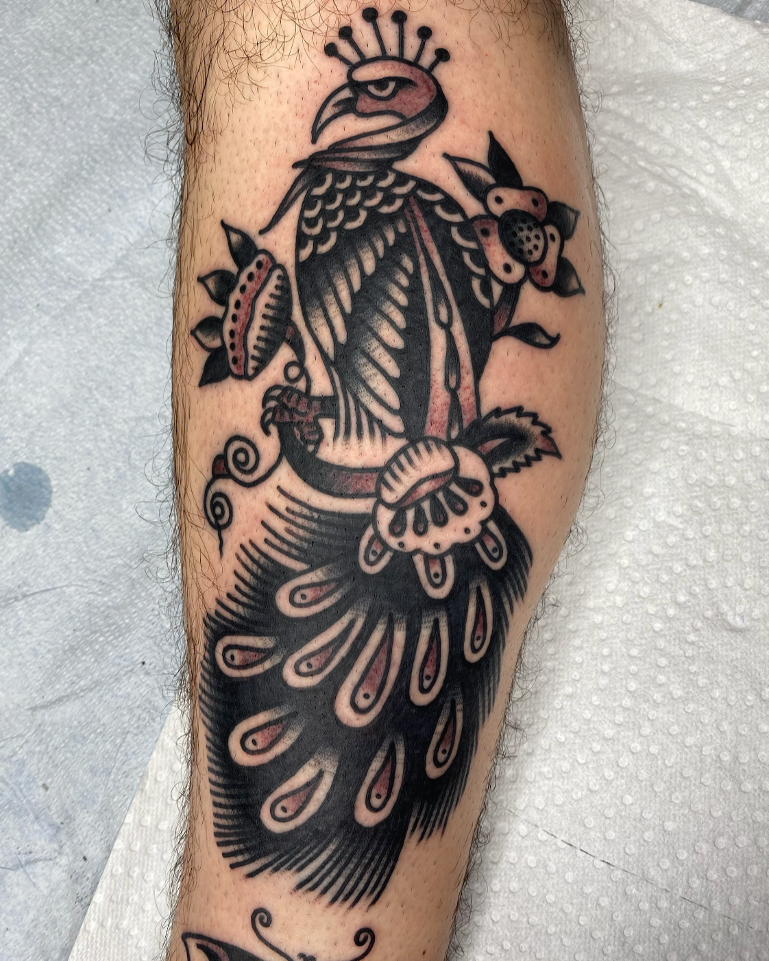 A detailed black and gray tattoo of a peacock with floral accents on a person's arm.