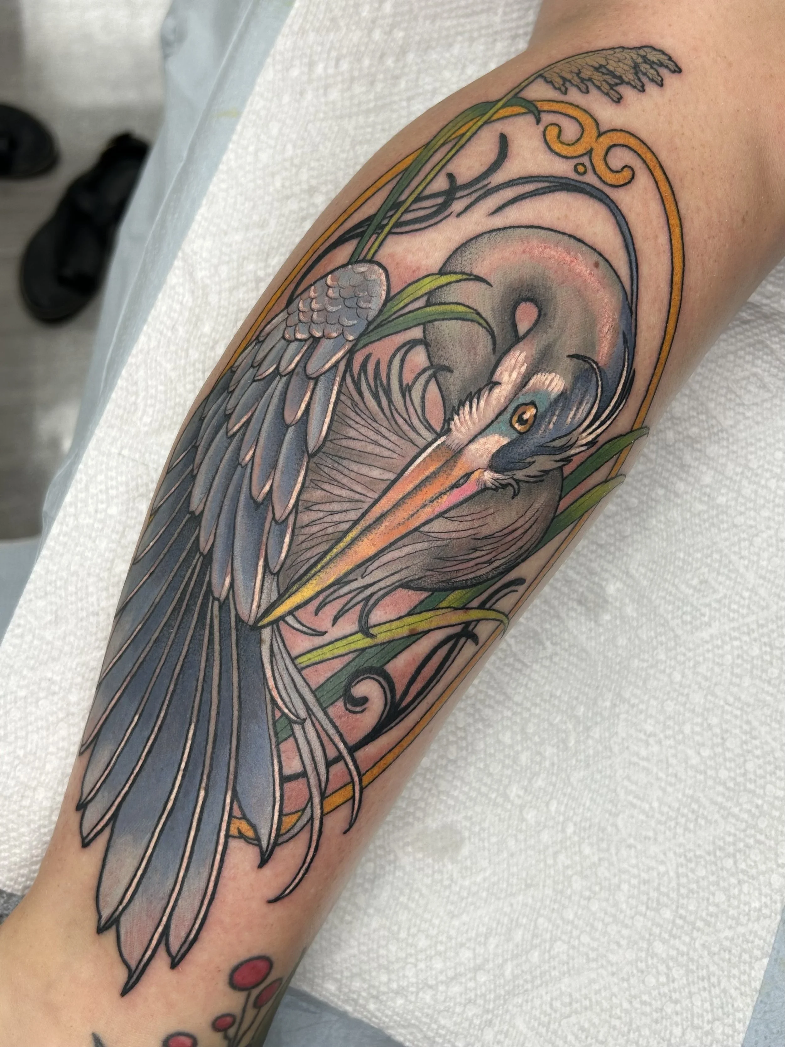 Colorful tattoo of a heron surrounded by stylized plants on a person's arm.