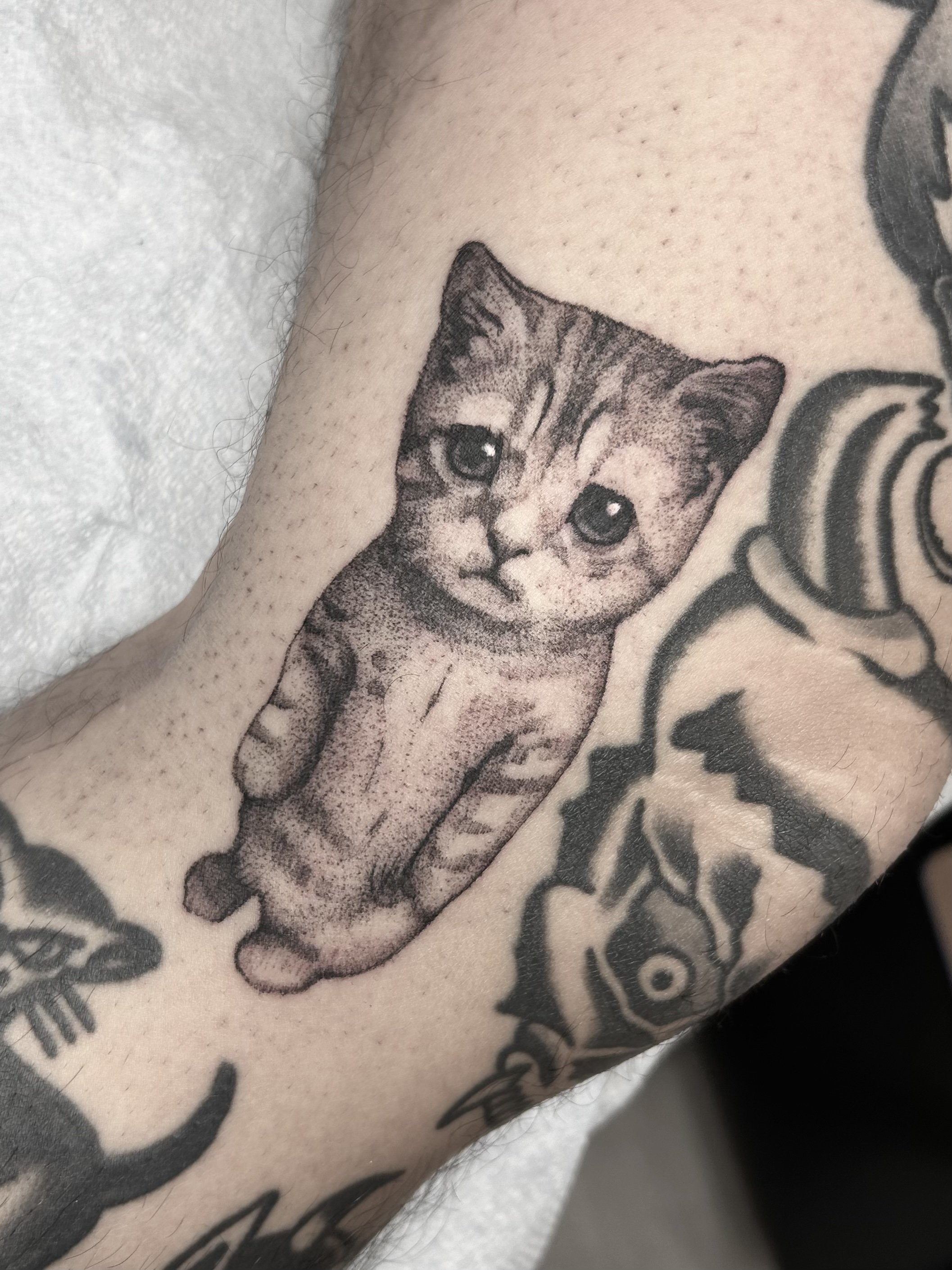 Tattoo of a kitten's face on a person's arm.