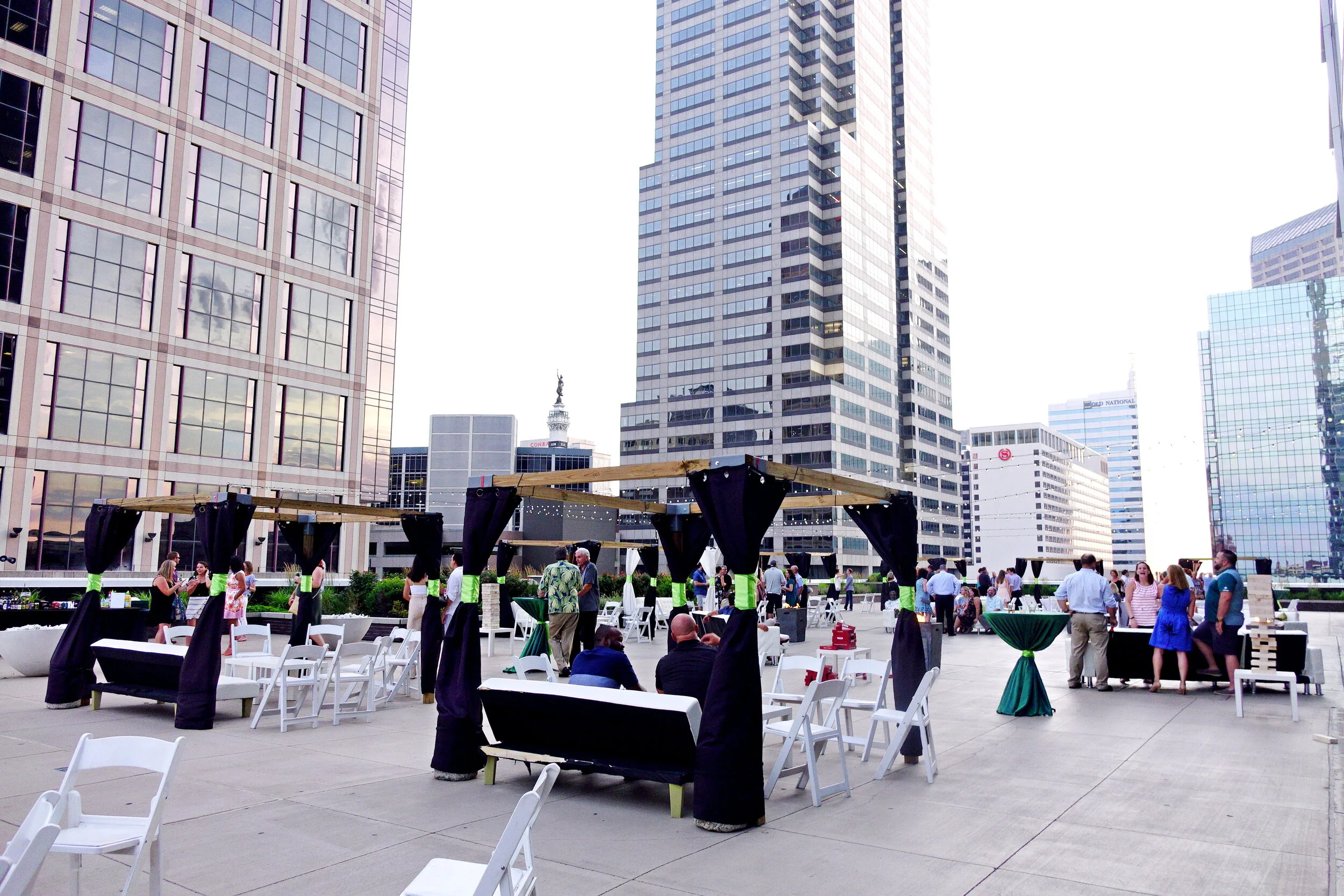Outdoor corporate event setup managed by JPS Events at Regions Tower, featuring full-service setup and teardown, dedicated event coordination, and convenient proximity within walking distance of six major downtown Indianapolis hotels.