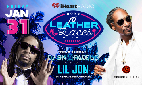 Event poster for iHeartRadio's Leather and Laces Miami featuring guest DJs DJ SN PADILLA and Lil Jon, scheduled for January 31, 2020, at Soho Studios with tropical background and palm trees.