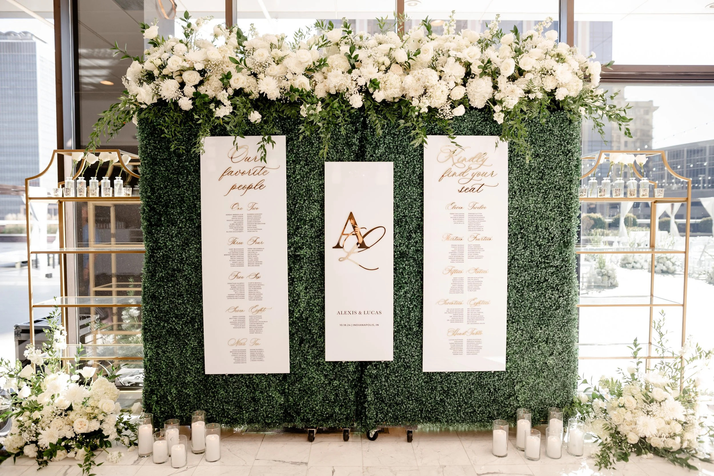 Custom floral seating chart backdrop designed by the in-house decor team at JPS Events at Regions Tower. Demonstrates our tailored design process and bespoke signage for luxury weddings in downtown Indianapolis.