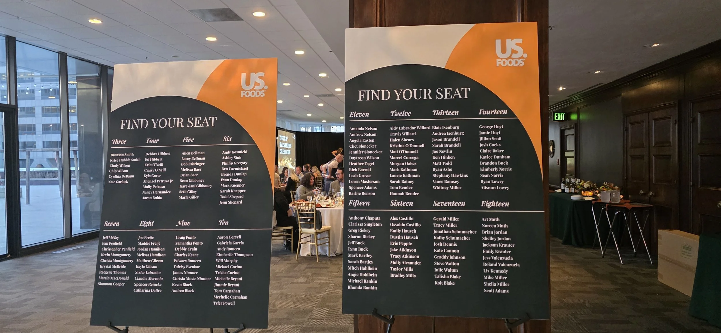 US Foods corporate conference setup at JPS Events at Regions Tower, highlighting custom branded seating charts, full-service corporate event coordination, and floor-to-ceiling city views in Indy.