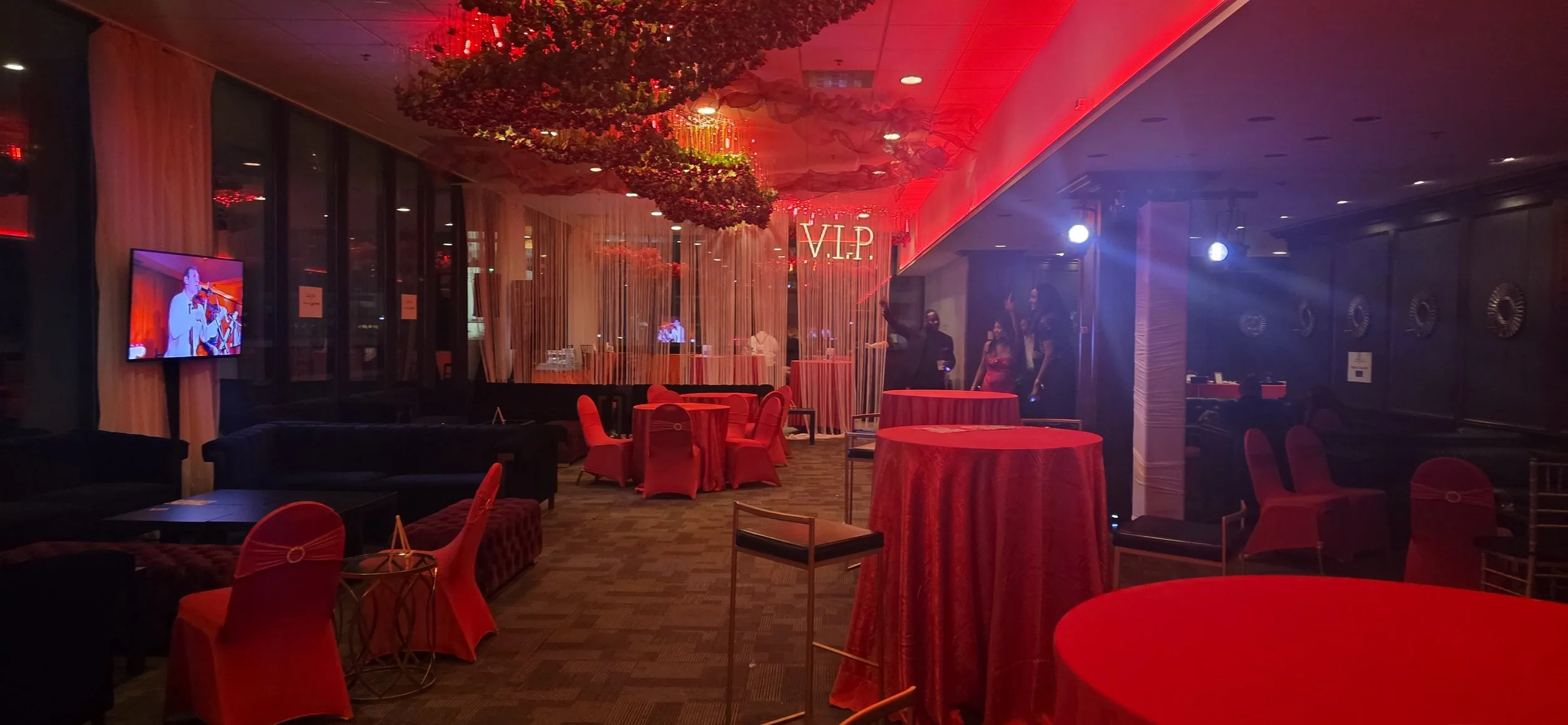 Modern VIP lounge setup at the Riley Children’s Hospital RED Gala, demonstrating JPS Events’ customizable blank-canvas layout, custom illuminated neon branding, ambient lighting, and built-in event coordination.