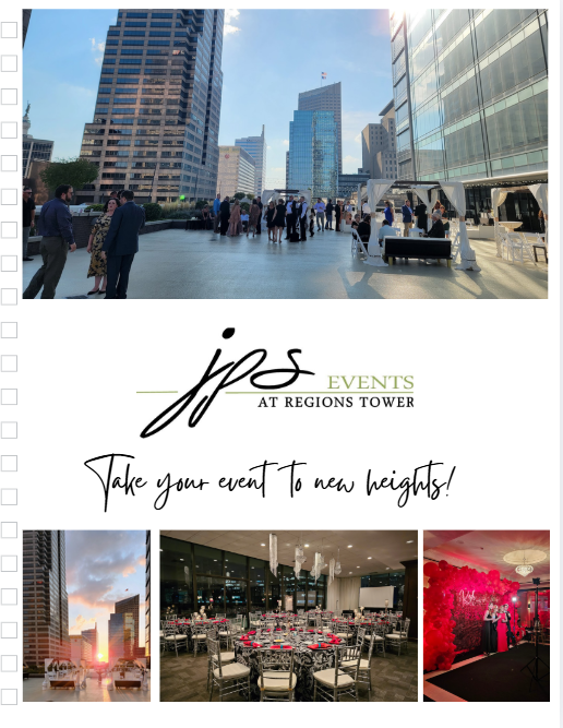 An outdoor corporate or social event taking place on a rooftop with a cityscape background, featuring people mingling near tables and tents, with a promotional flyer for 'JPS Events at Regions Tower' below, showcasing images of other event setups inside and outside.