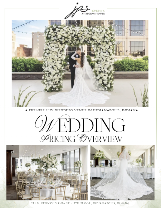 Wedding invitation flyer for a wedding venue in Indianapolis, Indiana, featuring a couple kissing beneath a floral arch, with images of a decorated reception hall and a bride in a wedding dress.