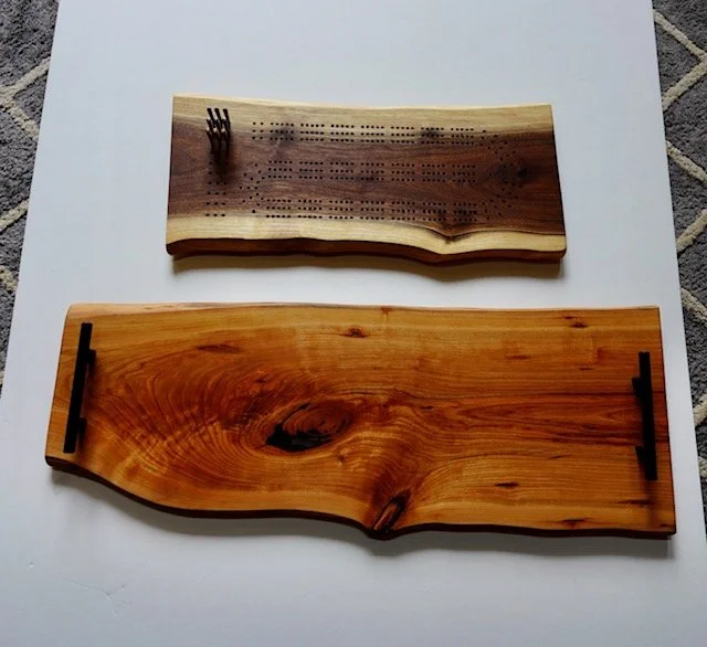 Live Edge Black Walnut Cribbage board and Live Edge Cherry Charcuterie Tray