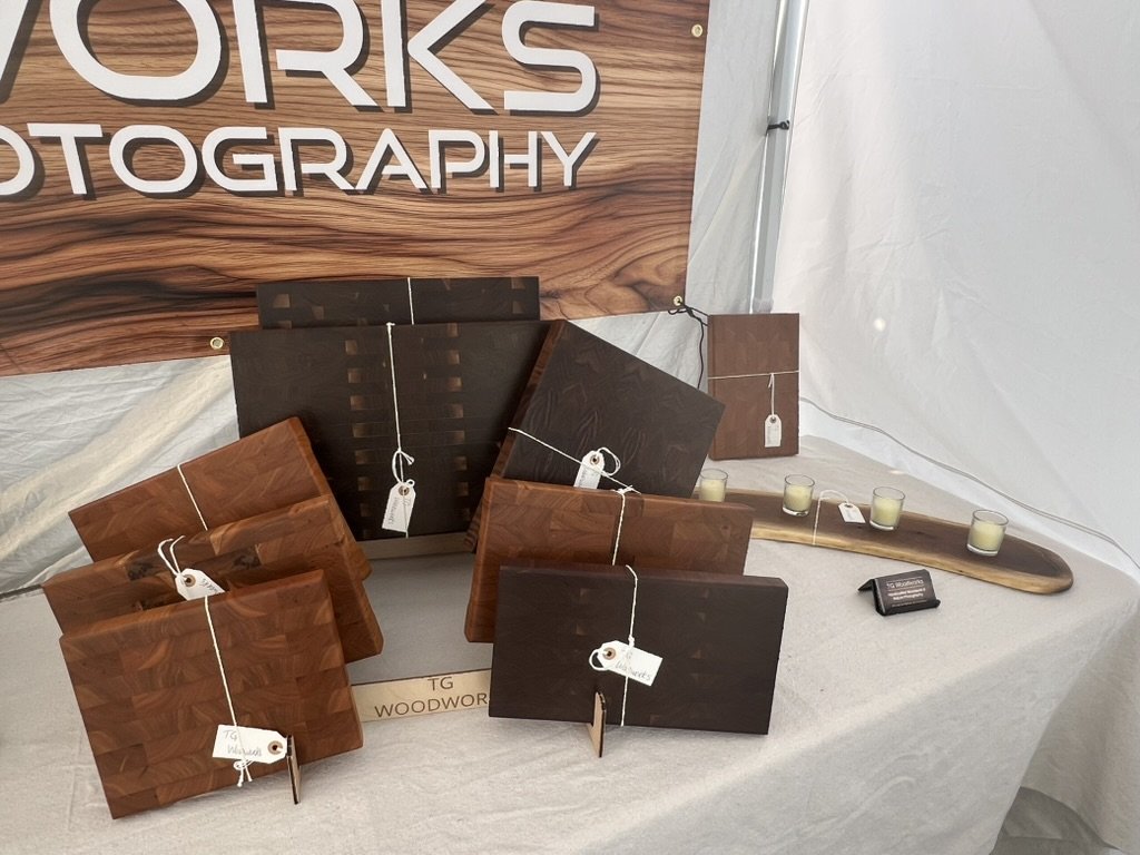End grain black walnut butcher blocks. Mt. Horeb Art Fair, July 2026 Mt. Horeb Art Fair, July 2026.
