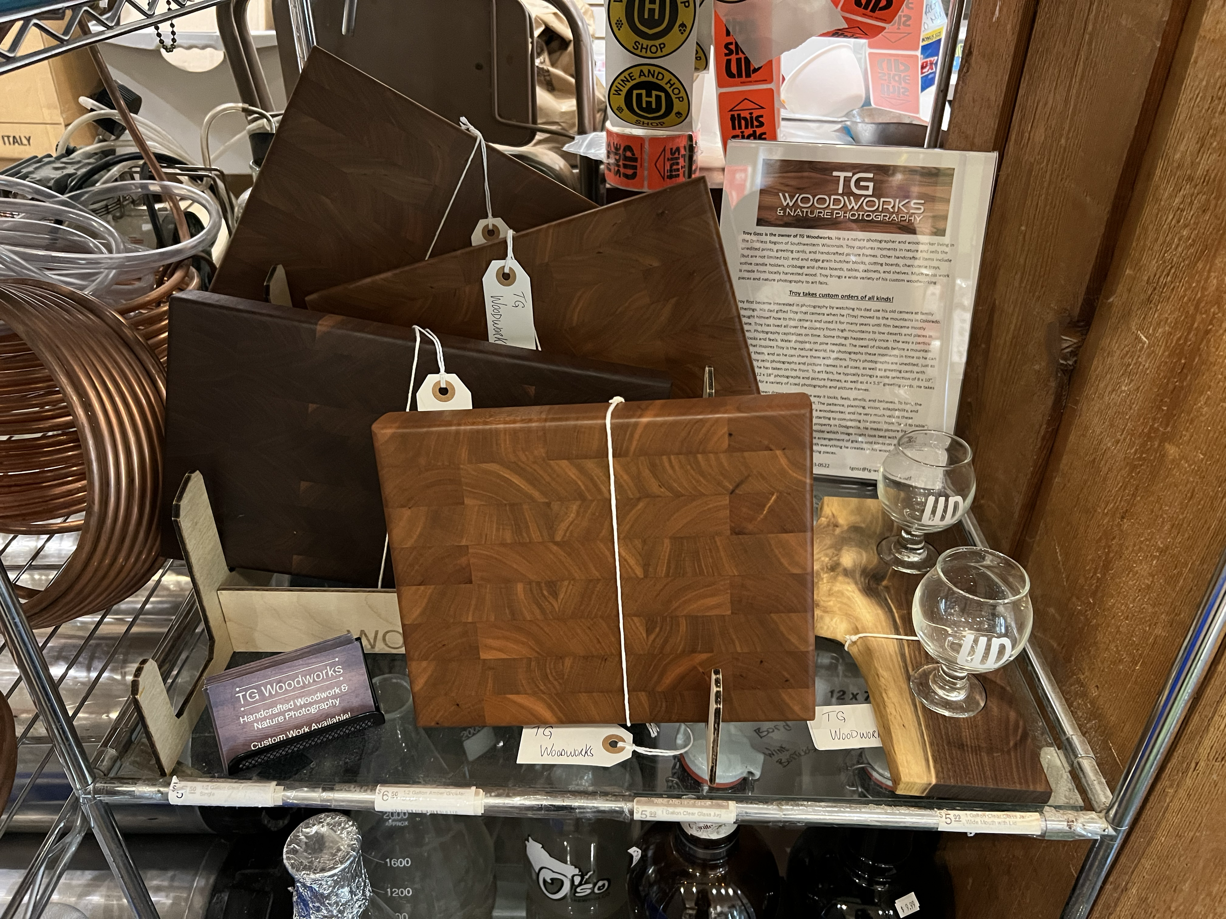 Display at the Wine and Hop Shop; Madison, WI. End grain butcher blocks and live edge tasting board.